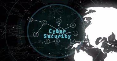 Veri belirmesi kalkan parlaklığını başlatır, dünya döner, düğümler bağlanır, siber güvenlik bağlantılarını gösterir. Siber güvenlik, dijital ağ, bilgi koruması, teknolojik altyapı, siber savunma, güvenli bağlantı, küresel veri