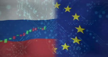 Devreler zayıfladıktan sonra, şamdan şeması canlandırılıyor, Rusya ve AB bayraklarını birbirine bağlıyor. Geometrik, geleceksel, teknolojik, finansal, veri, dijital, soyut