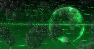 Dalgalanan fırlatma kümeleri küreden geçerek dijital virüs veri akışını görselleştiriyor. Teknoloji, siber uzay, veri görselleştirme, fütüristik, ağ, dijital, sanal