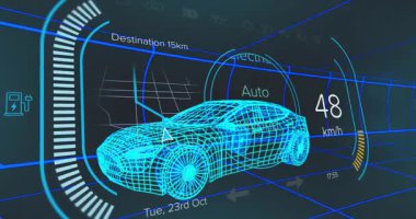 HUD, 3 boyutlu kablo modelli araç modu kaydırma ve rota güncellemesi için hız ayarlama ile fırlatılıyor. Gelecek, teknoloji, otomotiv, dijital, arayüz, yenilik, ulaşım