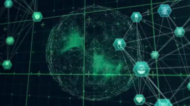 Merkez noktası belirdi ve ağ küresi oluşturdu. Veri analizini birbirine bağlayan tıbbi simgeleri titreştirdi. Teknoloji, yenilik, veri, bağlantı, görselleştirme, dijital, bilim