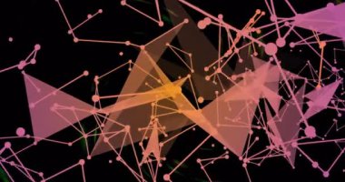 Başlangıçta yeşil girdap ağları yoğunlaştırırken pembe turuncu ağ titreşiyor ve dönüyor. Fütürist, dijital, geometrik, soyut, dinamik, görselleştirme, teknoloji