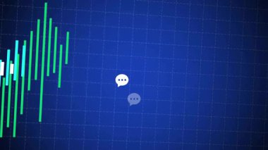 Kabarcıklar sürüklenirken ve veri değişimini gösteren çizgiler sallanırken koyu mavi çizgiler yeşil çizgiler başlıyor. Analizler, veri görselleştirme, dijital grafik, gösterge paneli, yenilik, teknoloji, hareket grafikleri