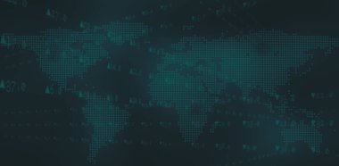 Karanlık arka planda dünya haritasında veri işleme resmi. Küresel veri işleme ve dijital olarak oluşturulan iletişim konsepti.