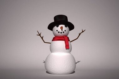 Kardan adam, üç boyutlu olarak yüzeyde duruyor. Silindir şapkalı, kırmızı atkılı ve havuç burunlu. Kış, şenlikli, büyüleyici, kaprisli, minimalist, mevsimlik,