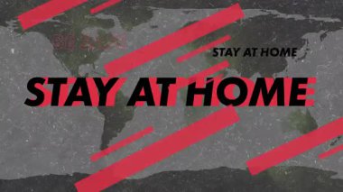 Harita animasyonuna başlanıyor. Güvenli ol. Ev sloganında kalın. Küresel, güvenlik, farkındalık, iletişim, aciliyet, minimalizm, grafik