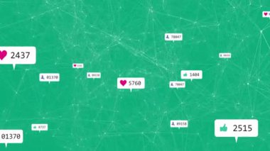 Kalp ikonu beliriyor, simgeler kayboluyor. Bağlantı artışını gösteren ağlar arasında kayan numaralar. Dijital ağ, sosyal ölçümler, veri görselleştirme, analitikler, bağlantı, soyut teknoloji, etkileşimli arayüz