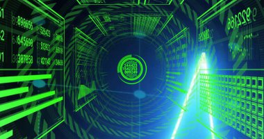 Neon veri panellerini birleştirerek siber uzayda kablo tüneli oluşturuluyor, dairesel veri gösterimi ile. Fütürist, dijital, siber, teknoloji, veri, yenilik, soyut