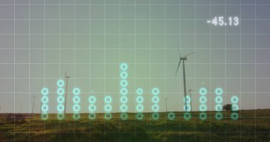 Dönen rüzgar türbinleri çim düzlüklerinde çalışıyor, dijital ızgaraları veri işaretleyicileriyle gösteriyorlar. Sürdürülebilir, yenilenebilir, teknoloji, çevre, fütüristik, temiz enerji, minimalist