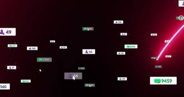 Kırmızı-siyah UI 'de süzülen ölçümler, mor kişi, mavi başparmak yukarı, yeşil sohbet baloncukları. Analizler, veri görselleştirme, dijital arayüz, teknoloji, kullanıcı bağlantısı, modern tasarım, elektronik