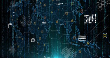 Kod gösterge panelinde veri düğümlerini ve bağlantıları takip eden dijital dünya haritası gösteriliyor, parlayan deniz mavisi aksanı. Gelecekçi, teknoloji, analitik, ağ, bağlantı, yenilik, siber güvenlik
