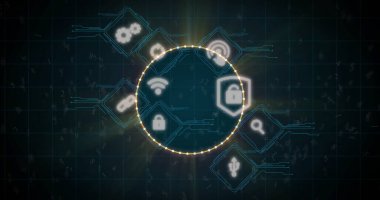 Noktaların parlayan dairesel çerçevesi, altıgen ikon karolarla ekranda ağ arayüzünü tarıyor. Siber güvenlik, dijital, teknoloji, arayüz, ağ, yenilik, koruma