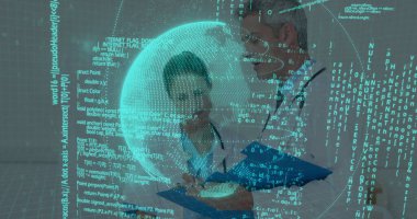 Klinik koridorundaki hasta çizelgelerini inceleyen doktorları dijital küre örtüsüyle inceliyorum. Tıbbi, teknoloji, yenilik, sağlık, işbirliği, dijital, fütürist