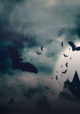 Geceleri bulutlu gökyüzüne uçan yarasaların dijital görüntüsü