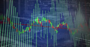 Yeşil çubuklar üzerinde soluk şehir manzarasına karşı kırmızı trend çizgisi gösteren şamdan çizelgesi. Finans, borsa, teknoloji, veri görselleştirme, kentsel çevre, analiz, yatırım