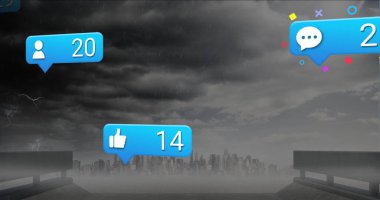 Mavi, beton platformların üzerinde yağmur ve yıldırımlarla süzülen bir uyarı baloncuğu. Huysuz, kentsel, dramatik, neon, atmosferik, dijital, fütüristik