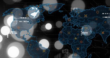 Katmanlı daireler ve veri işaretleriyle dijital arayüzde stilize edilmiş dünya haritası ana hatları gösteriliyor. Fütürist, arayüz, soyut, analitik, teknoloji, gösterge paneli, veri