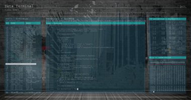 Beton duvar ve zemin boyunca uzanan holografik terminal projeksiyonu, kullanıcı tablosu ve kod düzenleyicisi. Gelecekçi, siber, endüstriyel, dijital, teknoloji, veri, arayüz