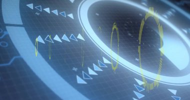 Sarı segmentler ve mavi oklarla karanlık ızgaranın üzerinde gezinen merkezi holografik halka yansıtılıyor. Fütürist, dijital, sürükleyici, teknoloji, gösterişli, soyut, yenilikçi