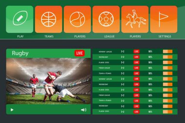 Canlı rugby eşleştirme yayını düz gösterge paneli arayüzünde, canlı rozetler, kategori simgeleri gösteriyor. Etkileşimli, dijital, rekabetçi, enerjik, kullanıcı arayüzü, spor analizleri, izleme