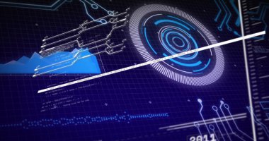 Holografik dairesel arayüz yansıtılıyor. Şebeke üzerinde fütüristik kontrol HUD 'sinde dönüyor. Uzayı kopyala. Fütürist, dijital, arayüz, holografik, teknoloji, veri, soyut
