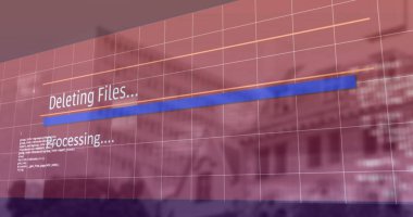 Ofis üzerinde kullanıcı arayüzü üzerindeki dosya mavi işlem çubuğunun silinmesi, şebeke örtüsü ve kod parçacıkları ile gösteriliyor. Teknoloji, ilerleme, dijital arayüz, veri yönetimi, minimalizm, gelecekçi, kurumsal