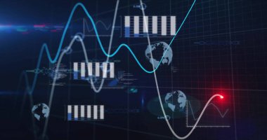 Kontrol paneli arabirimde veri çizelgelerini gösteriyor, şebeke örtüsü, küre, kod ve kırmızı veri noktası ile. Teknoloji, veri görselleştirme, analitik, dijital arayüz, gelecek, bilgi, siber güvenlik