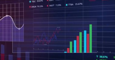 Beyaz çizelge çizelgesi ve saatlerle finansal gösterge panelinde yükselen dikey bar tablosu gösteriliyor. Analizler, veri görselleştirme, gösterge paneli, finans, dijital arayüz, veri analizi, teknoloji