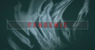 Kırmızı PANDEMIC incecik beyaz çerçeve içinde yeşil arkaplanda, dumanlı perdeler ve kırmızı noktalarla gösteriliyor. Soyut, dijital sanat, minimalist, görsel mesaj, grafik tasarım, modern, kavramsal
