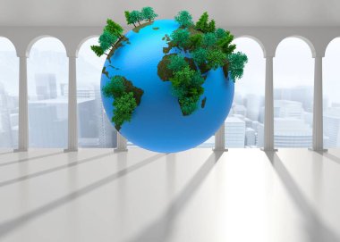 3D çizim, ufuk çizgisine tepeden bakan küçük ağaçların içinde süzülen Dünya küresini gösteriyor. Miras, mimari, çevre, sürdürülebilirlik, çevre dostu, modernlik, zarafet