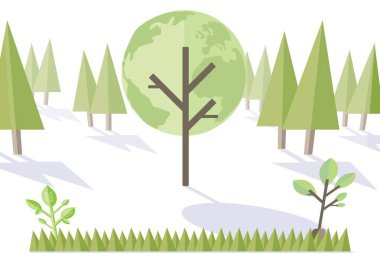 Minimalist tasarım, beyaz zemin üzerinde kozalaklı, çimenli ve fidanlı merkez ağaç gösteriyor. Doğa, manzara, botanik, eko, sükunet, uyum, sürdürülebilirlik