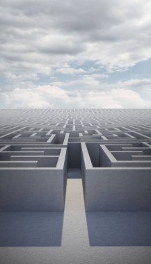 Beton labirent koridorları, parçalı bulutlu gökyüzünün altındaki ızgara desenli düz dizayn ile açılıyor. Laboratuvar, kentsel, modern, geometrik, mimari, keşif, açık hava