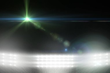 Düz dizayn projektör panelleri koyu boşlukta parlıyor ve mavi işaret fişeği çizgileri ile yeşil ışık saçıyor. Stüdyo aydınlatma, sahne aydınlatma, soyut sanat, görsel efektler, dijital sanat, gelecek tasarımı, tiyatro teknolojisi