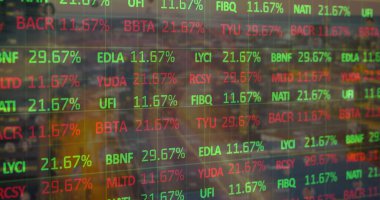 Borsa simgelerini ve alım satım katındaki yüzde değişiklikleri canlı veri ile gösteren bir pano gösteriliyor. Dijital işaret, finansal analiz, modern teknoloji, iş ortamı, veri görselleştirme, kurumsal donanım, canlı ekran