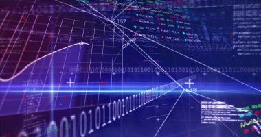 3D veri merkezinde çizgi grafikleriyle parlayan ikili kod akışları, sayısal üstüste bindirmeler gösteriliyor. Fütürist, dijital, neon, teknoloji, veri, görselleştirme, soyut