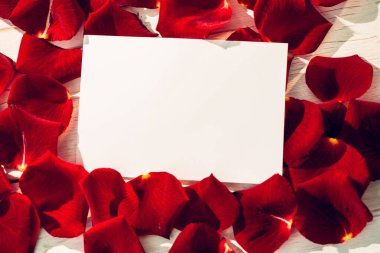 Card with red rose petals and copy space