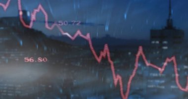 Çatıda şehrin ufuk çizgisini kaplayan kırmızı alçalan mali grafik, yanan pencereler 50.72 56.80. Veri görselleştirme, kentsel, gecekondu, teknoloji, dijital, finans, gösterge paneli