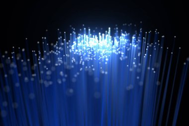 Siyah arkaplanda mavi ışıklandırılmış fiber optiğin grafiksel görüntüsü