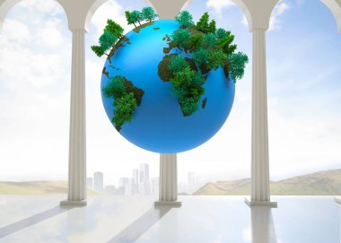 Klasik sütun üzerinde yeşil ağaçlar filizlenen 3 boyutlu Dünya küresi mermer oyun salonu çerçeveli sisli ufuk çizgisi içinde. Sürdürülebilirlik, doğa, mimari, çevre, yenilenme, ekoloji, uyum