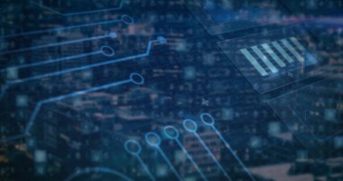 Mavi devre izleri örtülmüş, şebekedeki düğümler geceleri UI elementleri ile şehrin silueti boyunca yükseliyor. Gelecekçi, siber, teknoloji, dijital, ufuk çizgisi, kentsel, ağ