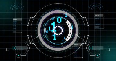 İkili kaplamalar ve kod panelleri ile ızgarada dönen merkezi holografik arayüz gösteriliyor. Fütürist, dijital, arayüz, teknoloji, görselleştirme, siber, sanal