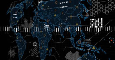 Komut arayüzünde dünya haritası şeması gösteriliyor, altıgen kaplamaları, ızgara, keneli işaretleme çubuğu. Teknoloji, analitik, görselleştirme, bağlantı, dijital, gelecekçi, zeka