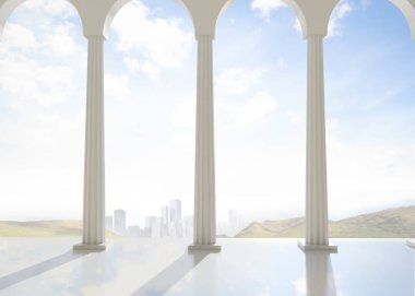 Digitally generated bright room with columns