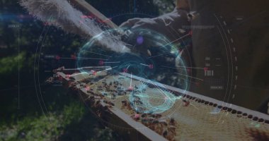 Bal peteği çerçeveli eldivenler giyen arıcı arılarla birlikte İHA analizi yapıyor. Doğa, arı, böcek bilimi, teknoloji, çevre, tarım, koruma