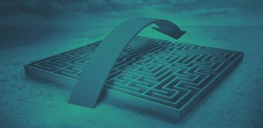 3D rendelenmiş dikdörtgen labirent, labirenti pas geçen eğri oklu, gök mavisi gökyüzünün altında duruyor. Geometrik, fütüristik, ıssız, soyut, minimalist, navigasyon, yön