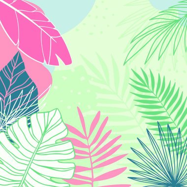 Yeşil arkaplanda yeşil ve pembe yapraklar. Desen ve doğa konsepti dijital olarak oluşturuldu.