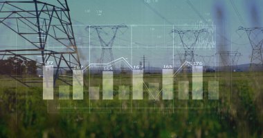 Çayırda kablolarla, bar çizelgesiyle ve çizgi-grafik örtüsüyle duran pilonu göster, boşluğu kopyala. Enerji, altyapı, kırsal, teknoloji, veri görselleştirme, yüksek voltaj, güç iletimi