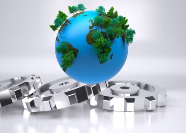 Şekillendirilmiş Dünya küresi beyaz yüzey üzerinde yüzüyor, yeşil ağaçlar ve gümüş dişlileri gösteriyor. Küresel, çevresel, çevre dostu, sürdürülebilir, modern, teknoloji, yenilik