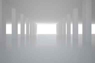 Düz tasarım salonunda parlak portala uzanan parlak zemini yansıtan uzun sütunlar bulunuyor. Minimalist, modern, mimari, iç mekan, simetri, geometrik, fütürist