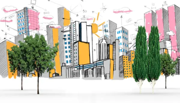 Ağaçların dijital görüntüsü pembe ve turuncu şehir siluetine karşı